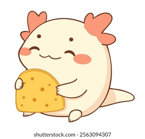 Cute axolotl eating tortilla. Vector isolated illustration in kawaii style.