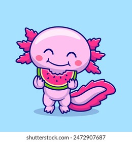 Cute Axolotl Eating Watermelon Cartoon Vector Icon Illustration. Animal Fruit Icon Concept Isolated Premium Vector. Flat Cartoon Style