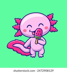 Cute Axolotl Eating Watermelon Ice Cream Cartoon Vector Icon Illustration. Animal Food Icon Concept Isolated Premium Vector. Flat Cartoon Style