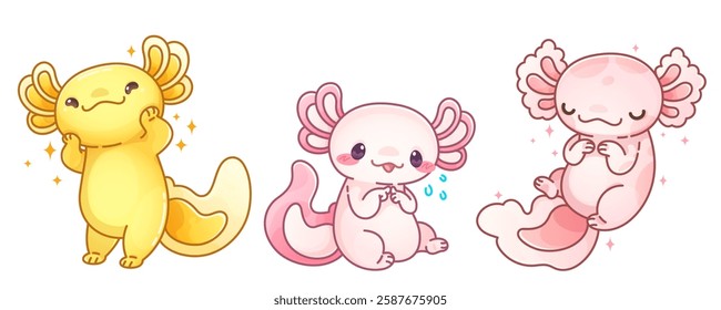 Cute axolotl expressions set - yellow confident salamander with sparkling glow, pink shy creature with blushing cheeks, coral dreaming character with closed eyes. Kawaii amphibians for sticker.