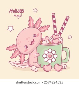 Cute Axolotl with festive cup Hot Cocoa with Marshmallows, hearts and striped candy. Smiling funny little cartoon kawaii character. Vector illustration. Holiday card. Kids collection