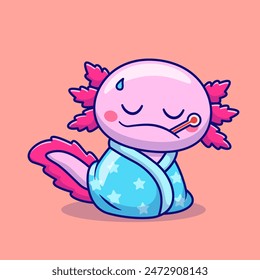 Cute Axolotl Fever Wearing Blanket Cartoon Vector Icon Illustration. Animal Nature Icon Concept Isolated Premium Vector. Flat Cartoon Style