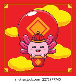 Cute axolotl fly with air balloon in chinese new year. 
