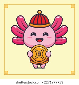 Cute axolotl with gold coin in chinese new year. 