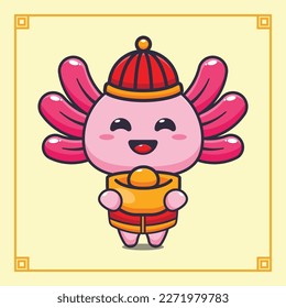 Cute axolotl with gold ingot in chinese new year. 