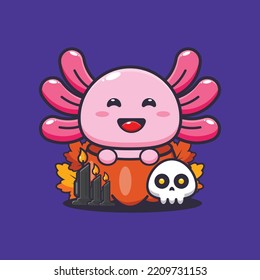 Cute axolotl in halloween pumpkin. Cute halloween cartoon illustration. 