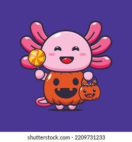 Cute axolotl with halloween pumpkin costume. Cute halloween cartoon illustration.