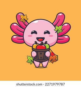 Cute axolotl holding a apple in wood bucket cartoon vector illustration.