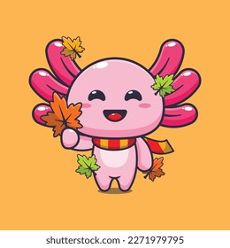 Cute axolotl mit Herbstblatt Cartoon Vektorgrafik.