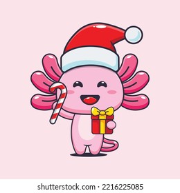 Cute axolotl holding christmas candy and gift. Cute christmas cartoon illustration. 