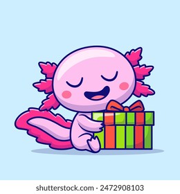 Cute Axolotl Holding Gift Box Cartoon Vector Icon Illustration. Animal Holiday Icon Concept Isolated Premium Vector. Flat Cartoon Style