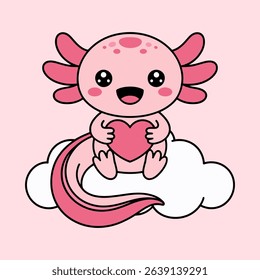 Cute Axolotl Holding Heart on Cloud Illustration