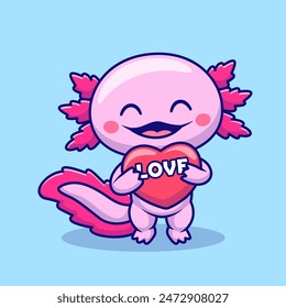 Cute Axolotl Holding Love Heart Cartoon Vector Icon Illustration. Animal Nature Icon Concept Isolated Premium Vector. Flat Cartoon Style