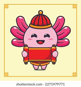 Cute axolotl holding red banner in chinese new year. 