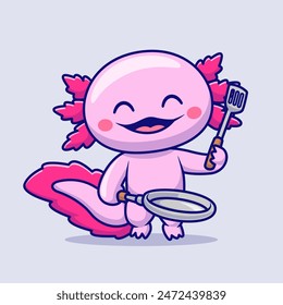 Cute Axolotl Holding Spatula and Frying Pan Cartoon Vector Icon Illustration. Animal Food Icon Concept Isolated Premium Vector. Flat Cartoon Style