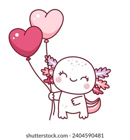 The cute axolotl holds heart balloons. Valentine's day. Kawaii style. Doodle. 