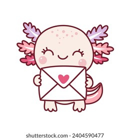 The cute axolotl holds Valentine card. Valentine's day. Kawaii style. Doodle. 