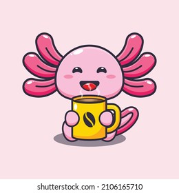 axolotl lindo con ilustración vectorial de dibujos animados de café caliente