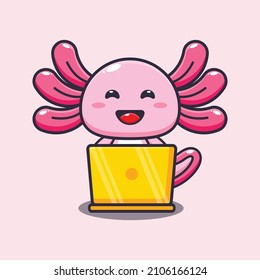 Cute axolotl with laptop cartoon vector illustration