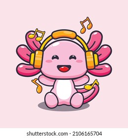 Cute axolotl listening music with headphone cartoon vector illustration