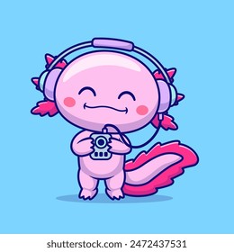 Cute Axolotl Listening Music With Headphone Cartoon Vector Icon Illustration. Animal Technology Icon Concept Isolated Premium Vector. Flat Cartoon Style