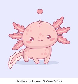 Cute Axolotl. Little cartoon pink kawaii character. Vector illustration. Kids collection. Can be used for t-shirt print, sticker, greeting card design