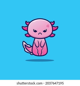 Cute axolotl with mad exspression isolated on blue background