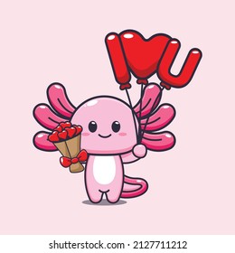 cute axolotl mascot cartoon character illustration in valentine day