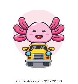 cute axolotl mascot cartoon character riding race car