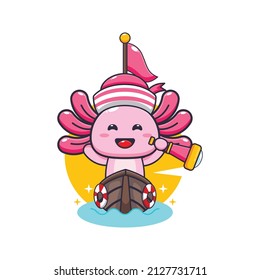 cute axolotl mascot cartoon character on the boat