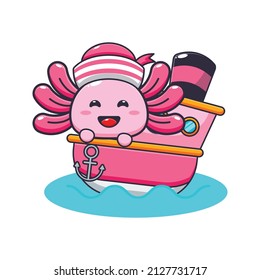 cute axolotl mascot cartoon character on the ship