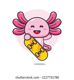 süße axolotl-Maskottchen-Cartoon-Figur mit Skateboard