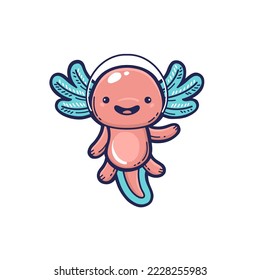 Cute axolotl mascot in space helmet, vector hand drawn illustration 