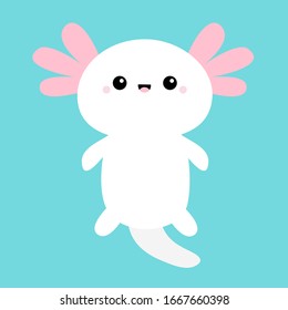 axolotl lindo. Salamandra mexicano. axolotílico blanco. Ambysoma mexicanum. Caricatura kawaii gracioso personaje sonriente de bebé. dragón de agua. cuernos rosados. Diseño plano. Fondo azul. Aislado. Ilustración del vector