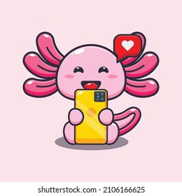 axolotl lindo con ilustración vectorial de dibujos animados de teléfono