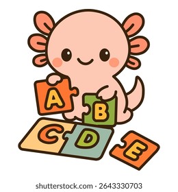 Cute axolotl playing with alphabet puzzle letters – educational cartoon character for preschool learning, kids development games, early childhood, nursery and kindergarten design