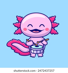 Cute Axolotl Playing Drum Cartoon Vector Icon Illustration. Animal Music Icon Concept Isolated Premium Vector. Flat Cartoon Style