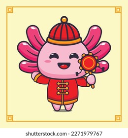 Cute axolotl playing drum toy in chinese new year. 