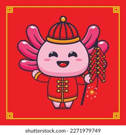 Cute axolotl playing firecrackers in chinese new year. 