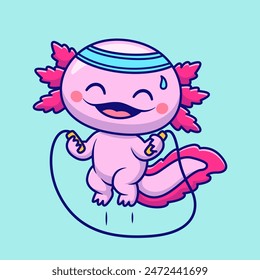 Cute Axolotl Playing Jump Rope Cartoon Vector Icon Illustration. Animal Sport Icon Concept Isolated Premium Vector. Flat Cartoon Style