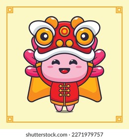 Cute axolotl playing lion dance in chinese new year. 