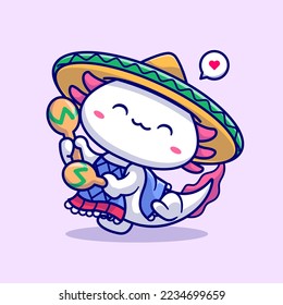 Cute Axolotl Playing Maracas With Sombrero Hat Cartoon Vector Icon Illustration. Animal Music Icon Concept Isolated Premium Vector. Flat Cartoon Style