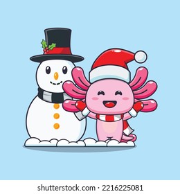 El axolotl lindo jugando con Snowman. Dibujo de caricaturas de navidad.