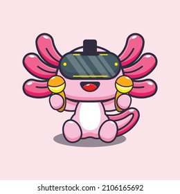 Cute axolotl playing virtual reality cartoon vector illustration