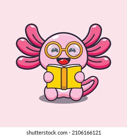 Cute axolotl reading a book cartoon vector illustration