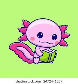 Cute Axolotl Reading Book Cartoon Vector Icon Illustration. Animal Education Icon Concept Isolated Premium Vector. Flat Cartoon Style