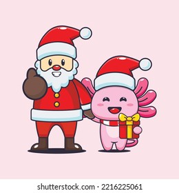 Cute axolotl with santa claus. Cute christmas cartoon illustration. 