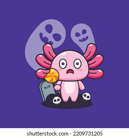 Cute axolotl scared by ghost in halloween day. Cute halloween cartoon illustration.