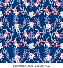 Cute Axolotl seamless pattern with underwater elements. Hand drawn funny animal vector illustration, print design