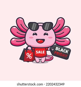 cute axolotl with shopping bag in black friday cartoon illustration